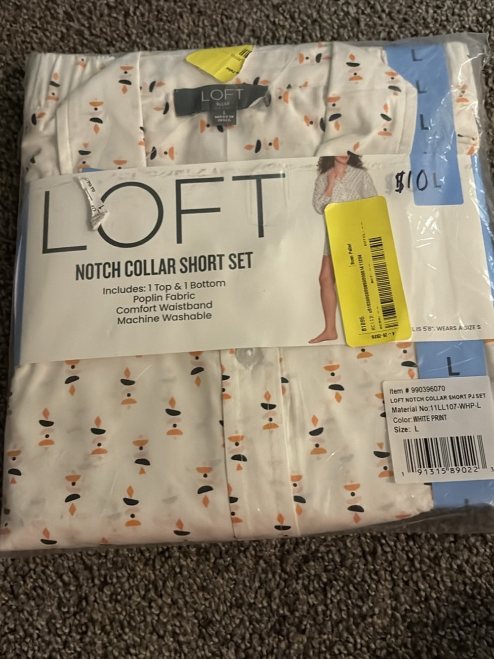 LOFT White Poplin Notch Collar Short Pajama Set with Orange and Black Dot Motif